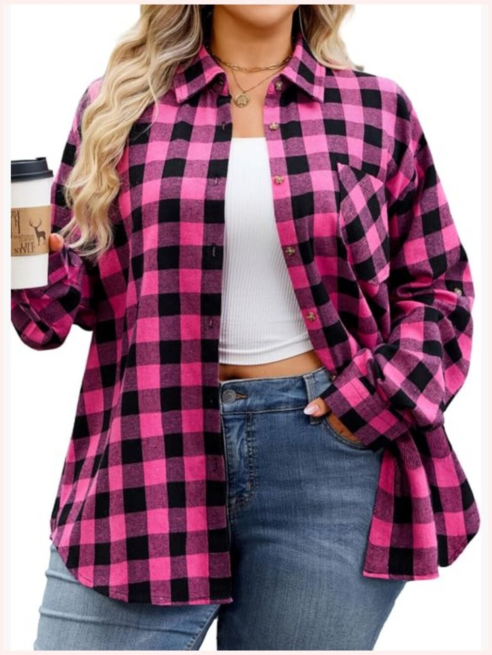 Plus Size Flannel Shirt Long Sleeve Button Down Plaid Blouse Women Tunic Fall